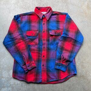 Vintage 1970's Five Brothers Union Made Flannel Shirt Red Plaids Men's Large USA